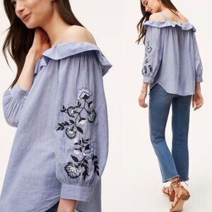 LOFT Off Shoulder Blue Striped Blouse Floral Embroidered Boho Womens Petite Smal